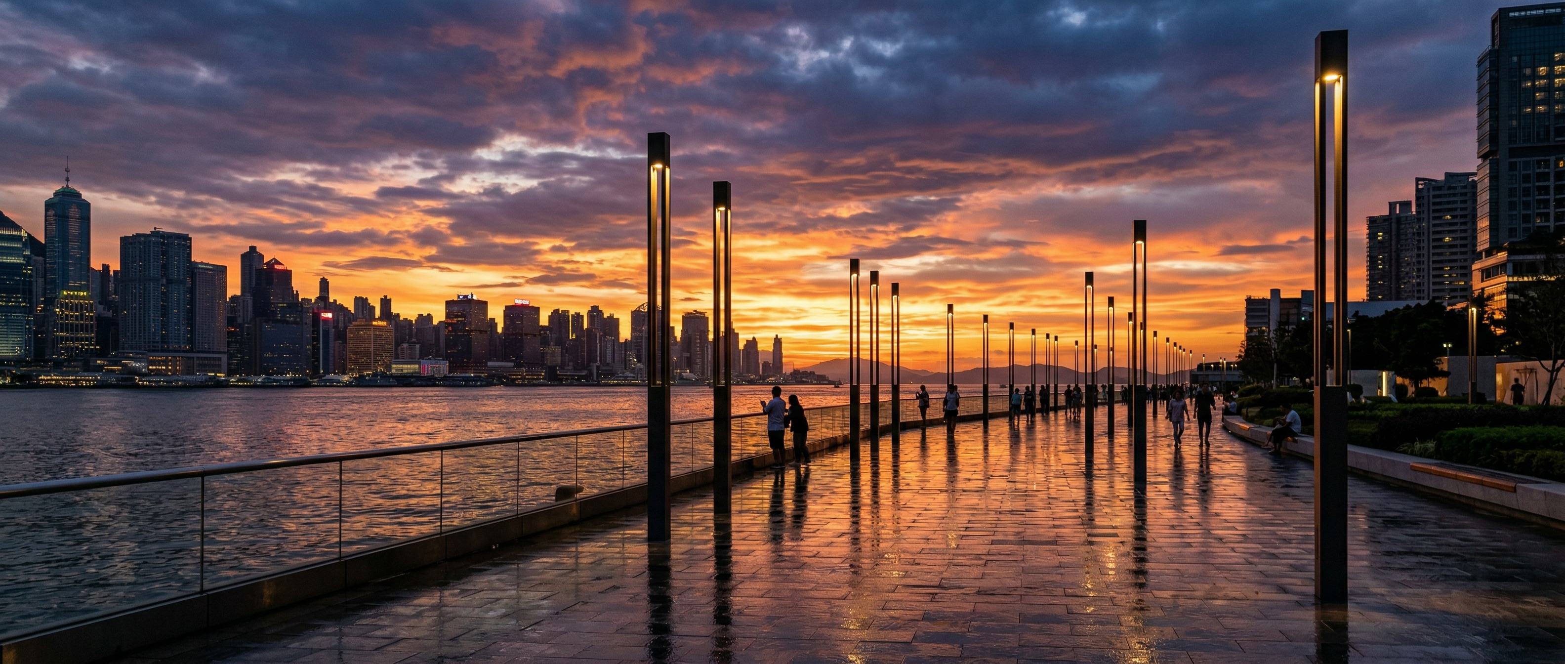 Postes com iluminação LED em espaço urbano ao entardecer